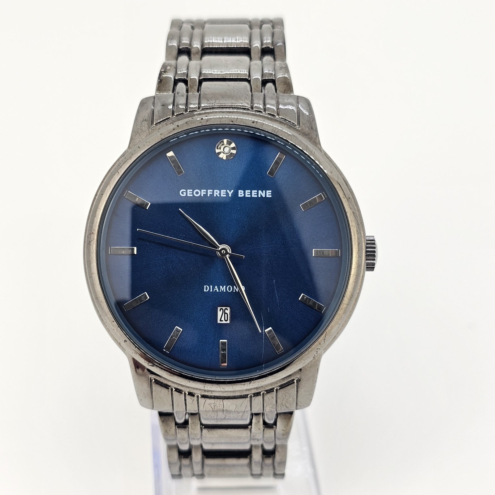 Geoffrey Beene Diamond Men Watch 42mm Blue Dial Date Black Band 7" New Battery